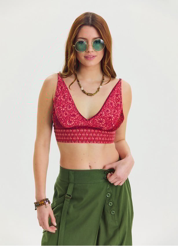 Lace Up Open Back Adjustable Red Crop Blouse 4647